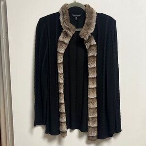 Ming Wang NWT Black Cable Knit Cardigan with Brown Grey Faux Fur Trim XS Small